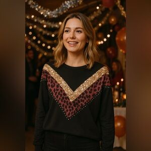 Leopard and Gold Sequin Black Long Sleeve Crewneck Party Festive Top Medium